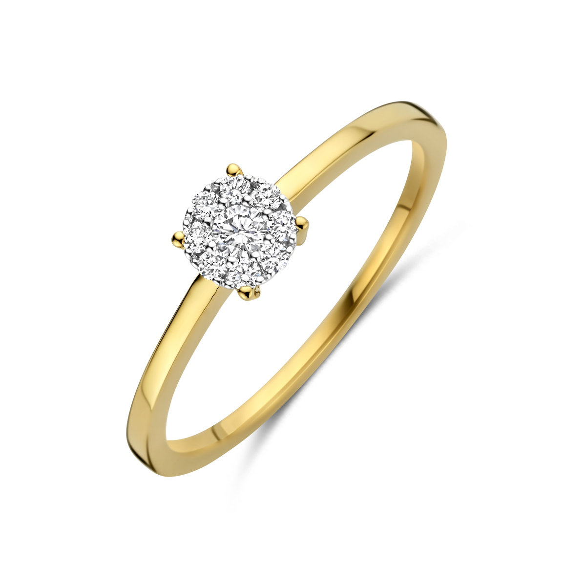 14k Bicolor geel en witgouden ring uitgevoerd met diamant. De ring heeft een diameter van 5mm. Het totale diamantgewicht is 0.13ct.
