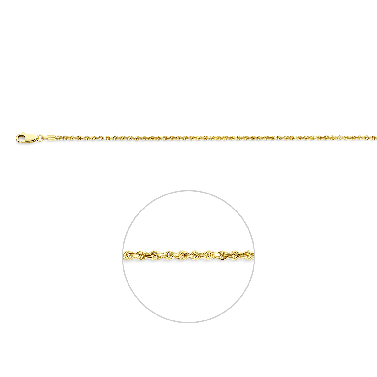 9k Goudkleurig lengteartikelen met een koord schakel van 2mm. Uitgevoerd met een karabijnsluiting.

9 krt staat voor 9 karaat goud en is een legering met 37,5% puur goud. De overige 62,5% bestaat uit andere metalen zoals koper of zilver. Het sieraad is daardoor betaalbaarder dan sieraden met een hoger karaatgehalte, maar wordt in Nederland niet officieel als 'goud' beschouwd.