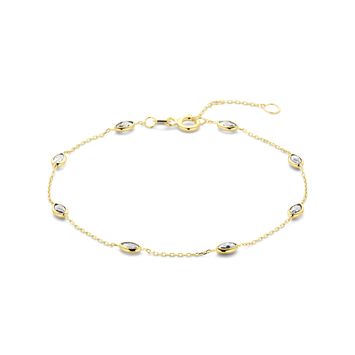 9k Geel kleurig armband uitgevoerd met zirkonia. De armband heeft draaglengtes van 16.5-17.5 en 18.5cm.