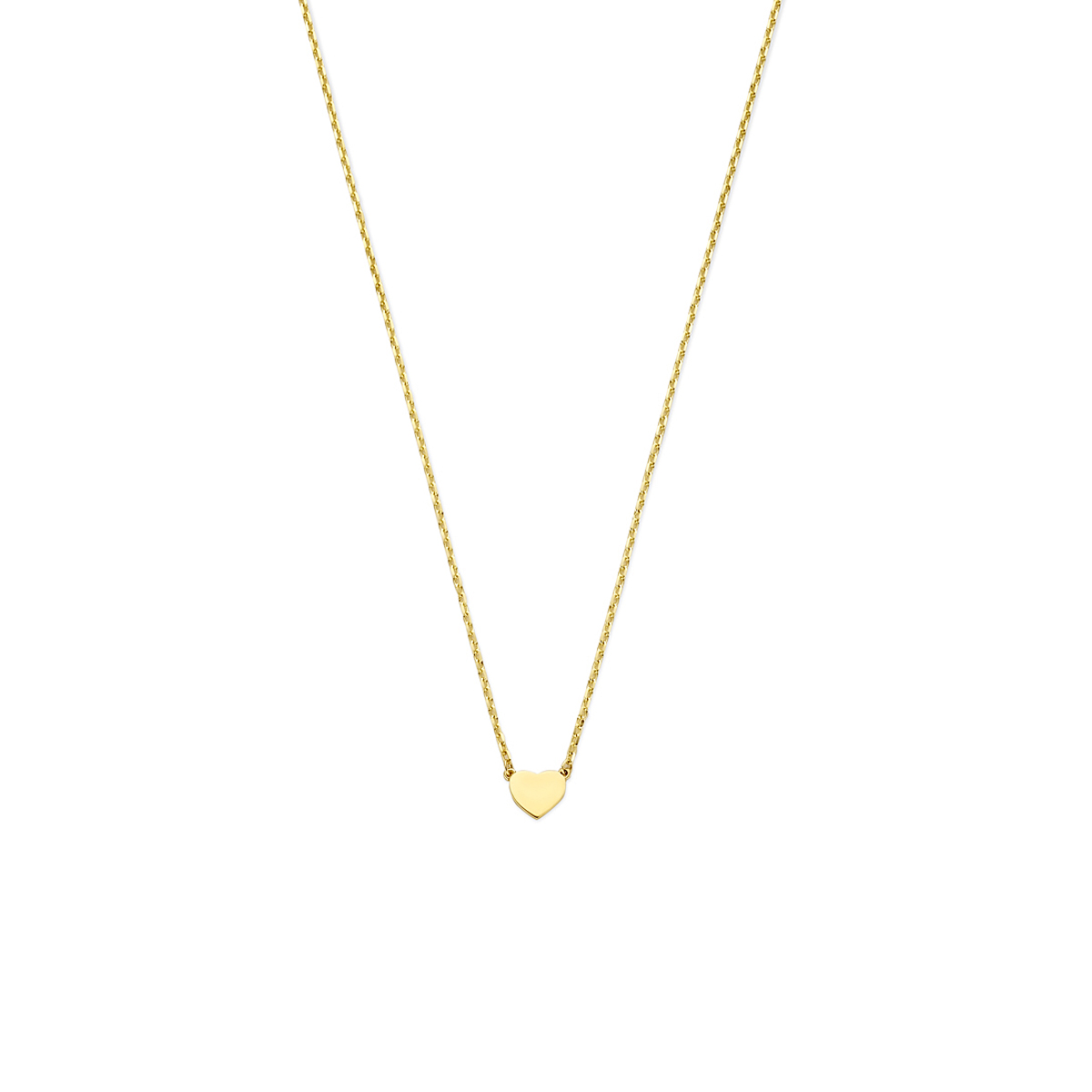 9k Geelkleurig collier uitgevoerd met een hartje. Het collier heeft draaglengtes van 41-43-45cm en een schakelbreedte van 1mm.