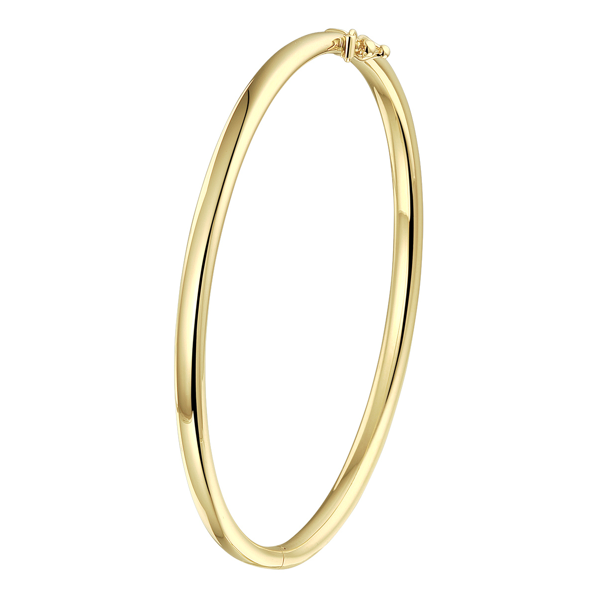 14k Geelgouden bangle uitgevoerd met scharnier. De bangle heeft een breedte van 4mm.