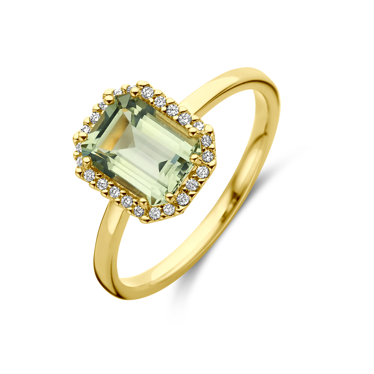 14k Geelgouden ring uitgevoerd met groen amethist en diamanten. De ring heeft een breedte van 10.5mm.