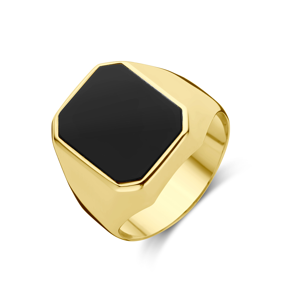 Deze gouden ring met modelnummer is een stoere accessoire voor elke gelegenheid. Gemaakt van goud, is deze glanzende ring 17mm hoog en 14mm breed en heeft een doorsnede van 69. Verrijkt met een zwarte onyx steen, is het een stijlvolle aanvulling voor zowel formele als casual outfits. Perfect als statement stuk of als verfijnde aanvulling.