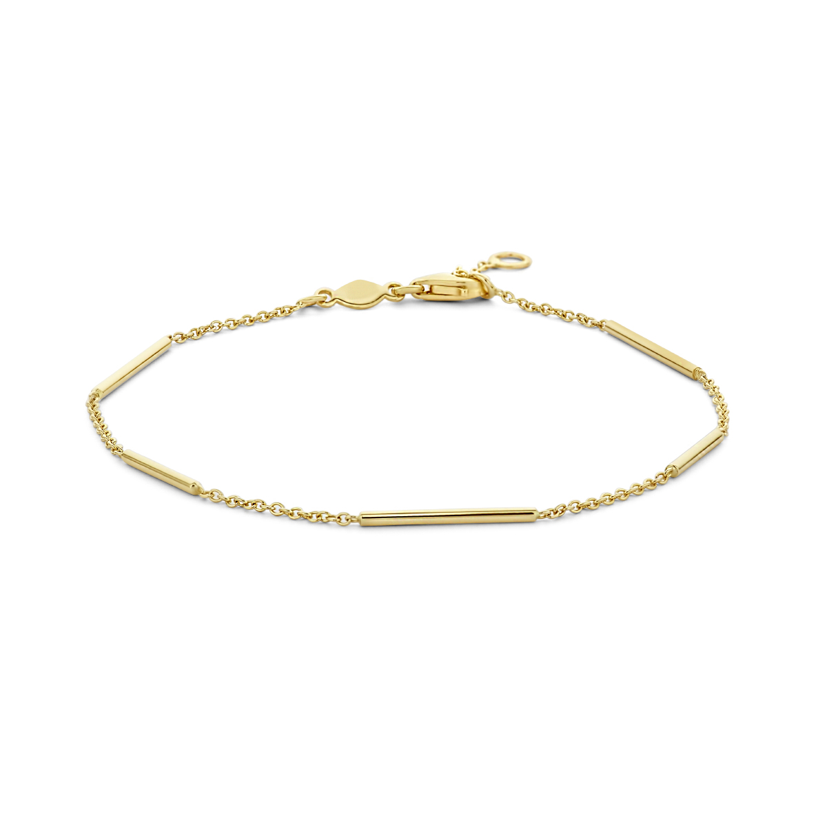 14k Geelgouden armband uitgevoerd met balkjes en een karabijnsluiting. De armband heeft een draaglengtes van 18 en 19.5cm met een schakelbreedte van 1.3mm.