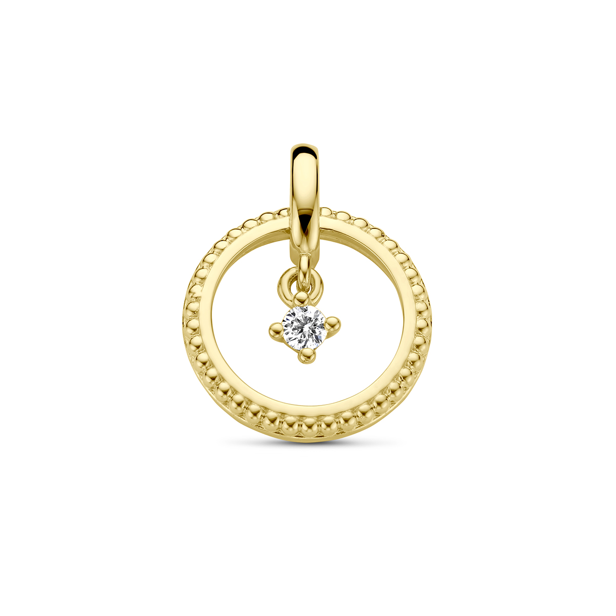 De 14 karaats hanger cirkel diamant 0.06ct h si heeft een prachtig rond ontwerp. Gemaakt van goud en met een schitterende briljante diamant van SI2 zuiverheid. De hange heeft een diameter van 13.5mm. Perfect om dagelijks te dragen als een stijlvolle en verfijnde toevoeging aan elke outfit.