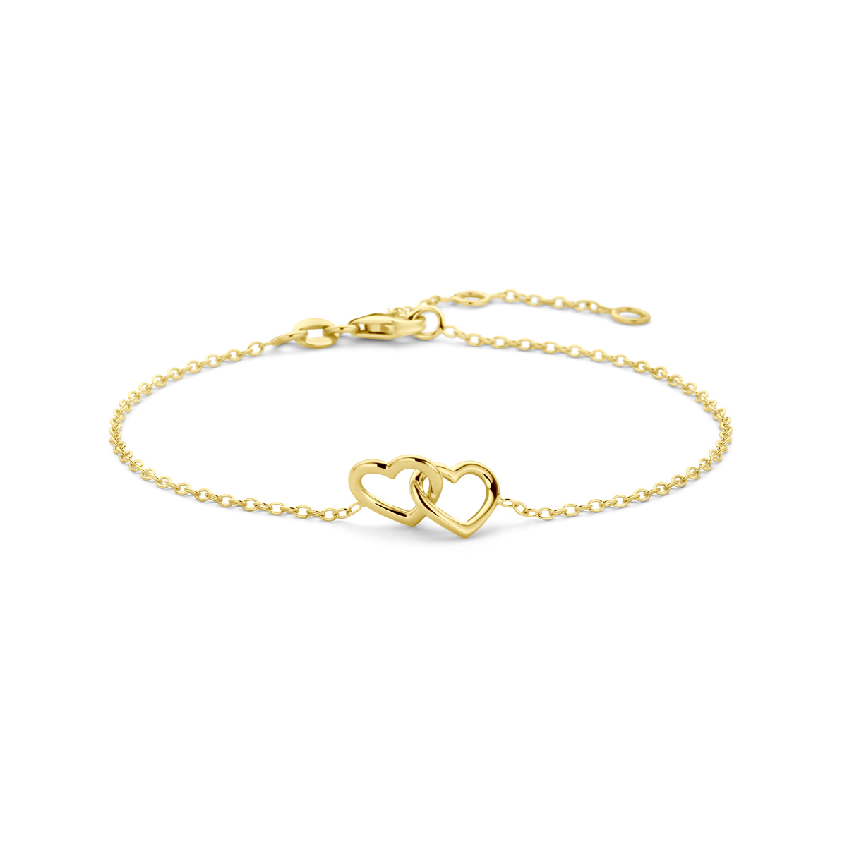 14k Geelgouden armband uitgevoerd met twee harten. De armband heeft draaglengtes van 16, 17.5 en 19cm. Uitgevoerd met karabijn sluiting. De schakelbreedte is 1.3mm.