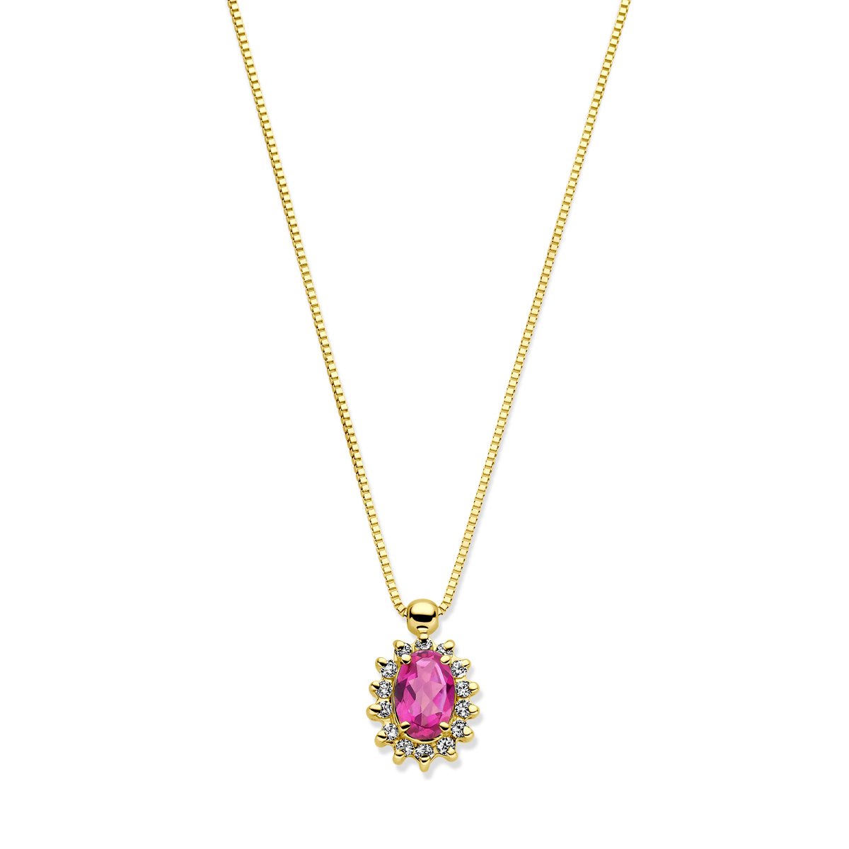 14k Geelgouden collier uitgevoerd met roze topaas en diamant. Het collier heeft draaglengtes van 40-42-44cm en is uitgevoerd met karabijnsluiting. De schakelbreedte is 0.6mm. Het diamantgewicht is 0.11ct.
