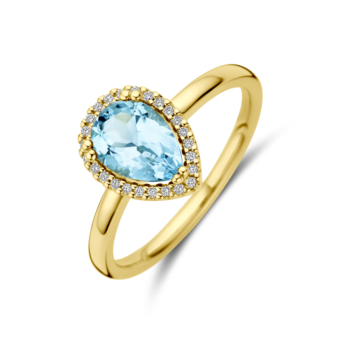 14k Geelgouden ring uitgevoerd met sky blue topaas en diamanten. De ring heeft een breedte van 11.5mm. Het diamantgewicht is 0.08ct.