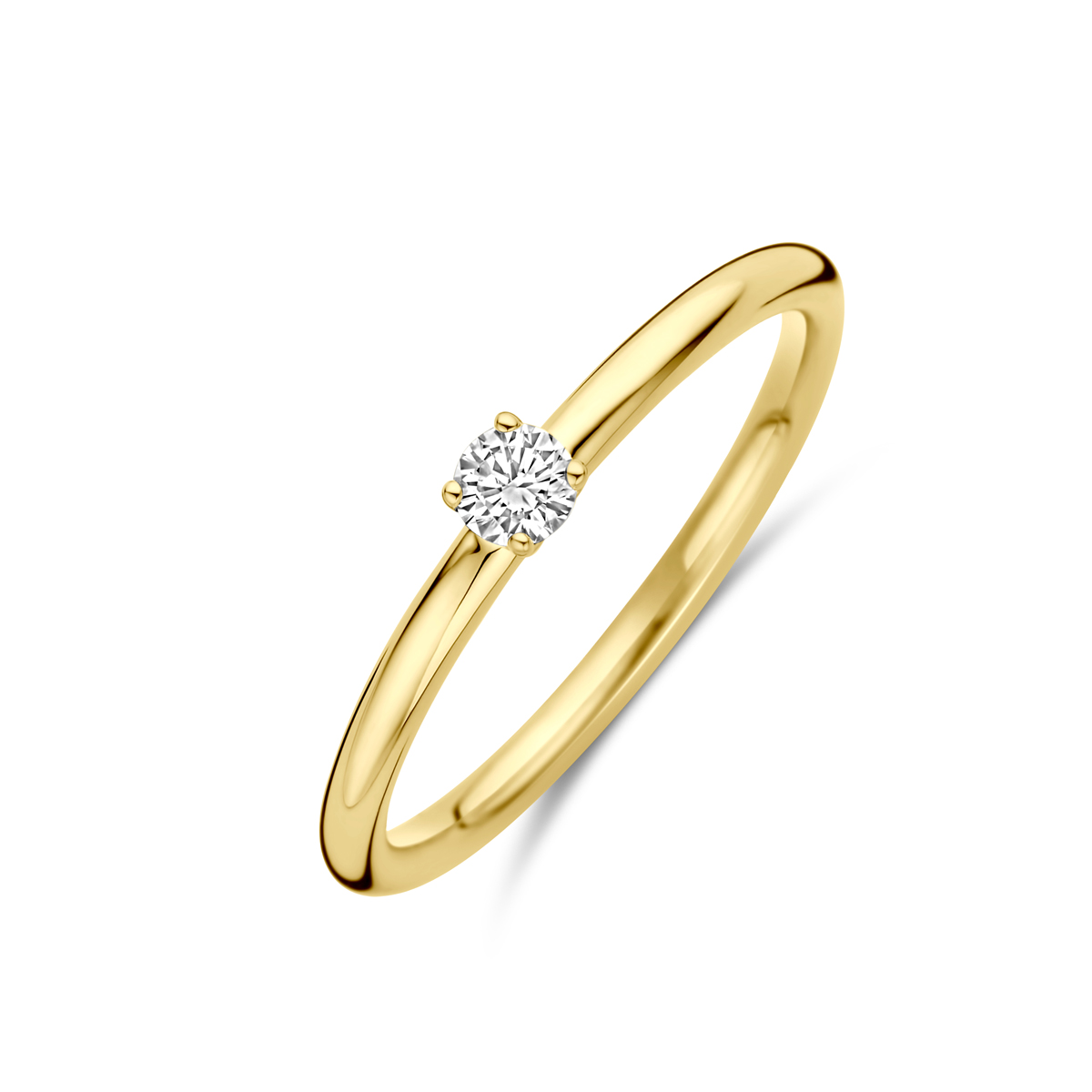 14k Geelgouden ring uitgevoerd met diamant. De ring heeft een breedte van 3.5mm. Het totale diamantgewicht is 0.10ct.