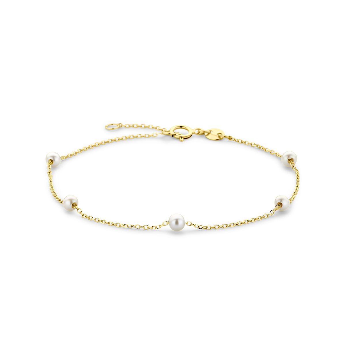 14k Geelgouden armband uitgevoerd met zoetwaterparels. De armband heeft draaglengtes van 16.5-18.5cm.