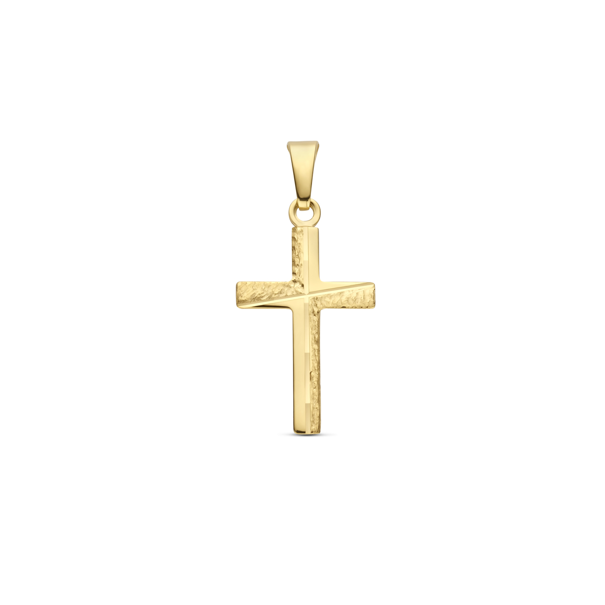 14k Geelgouden hanger in de vorm van een kruis. De hanger is drie delig bewerkt gehamerd, gediamanteerd en gepolijst. De hanger heeft een totale hoogte van 26mm en een afmeting van 18x12mm.