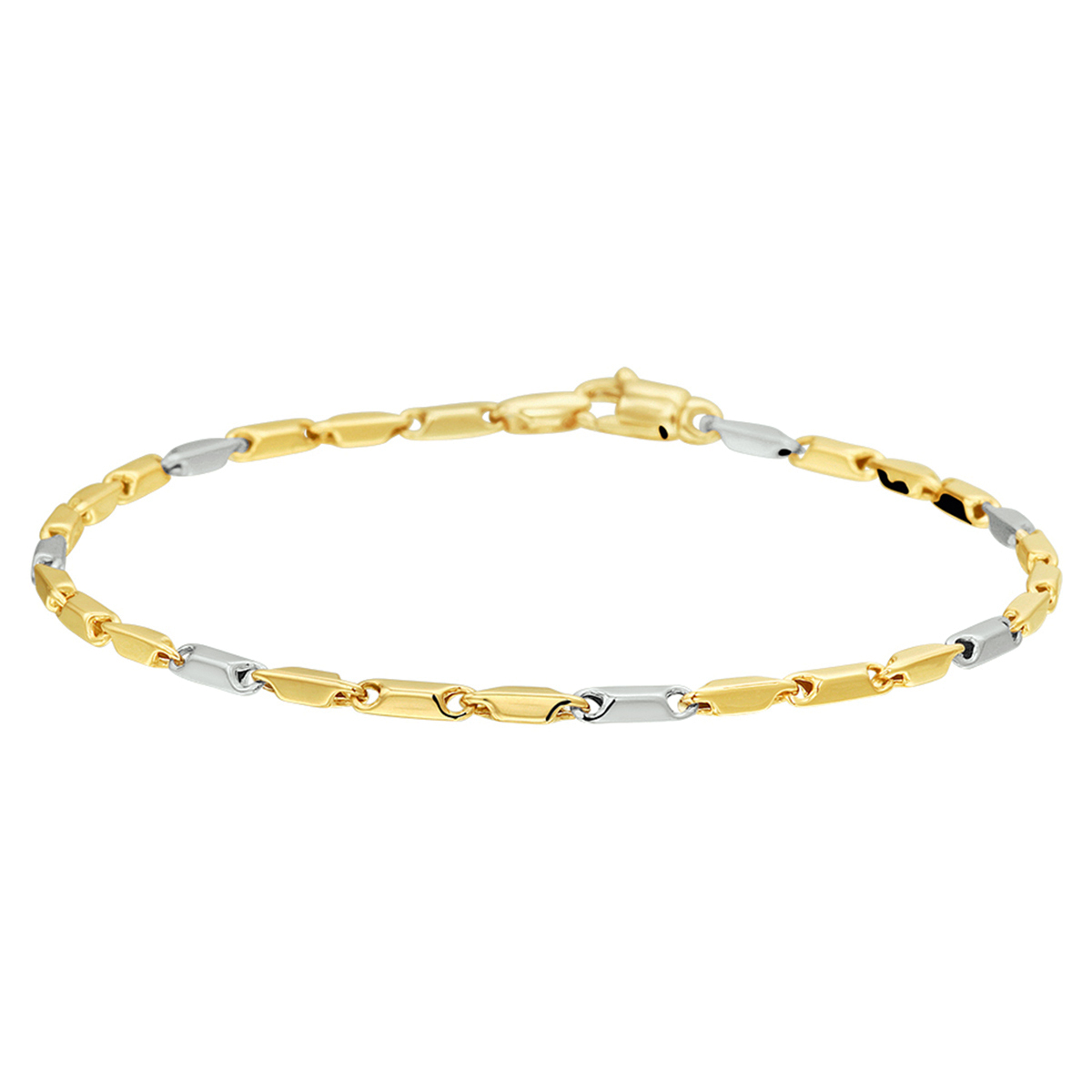 Bicolor wit- en geelgouden armband met een lengte van 19.5cm en breedte van 1.9mm. De armband is te combineren met een bijpassend collier uit onze collectie.
