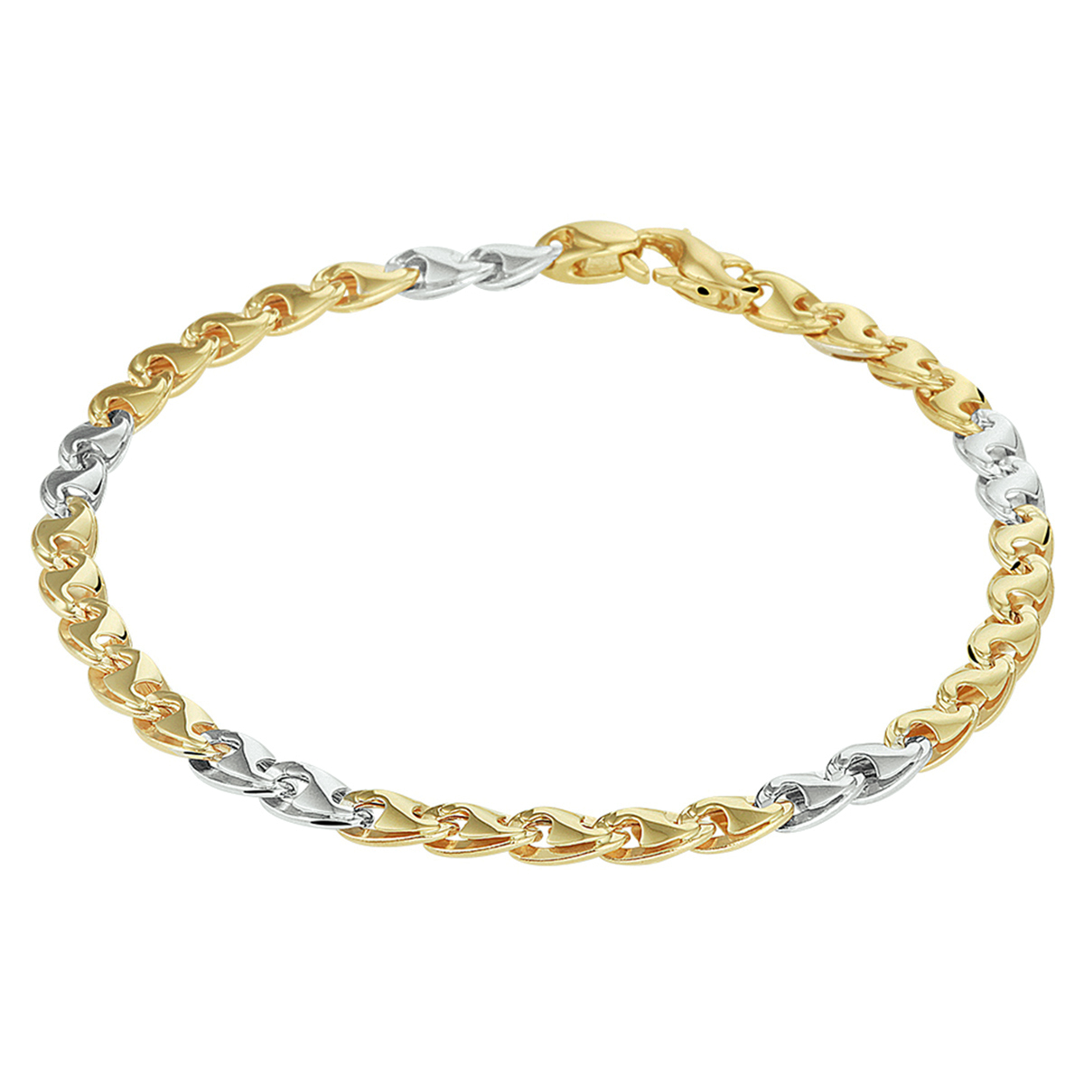 Bicolor wit- geelgouden armband met een lengte van 19cm uitgevoerd met een karabijn sluiting. De schakelbreedte is 4.3mm.
