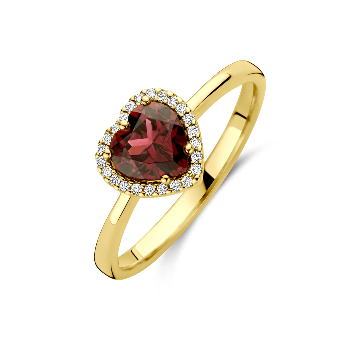 14k Geelgouden ring uitgevoerd met een roze rhodoliet hartje en diamant. De ring heeft een afmeting van 8x8.5mm. Het totale diamantgewicht is 0.06ct.