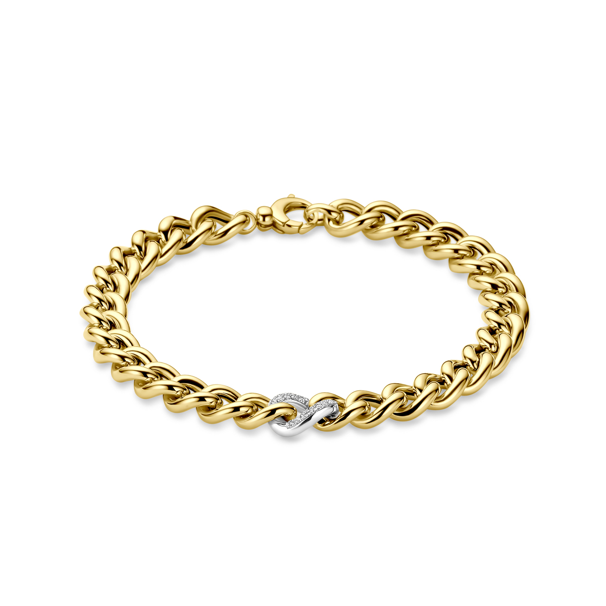 14kBicolor geel- en witgouden armband uitgevoerd met schitterende diamant. De armband heeft een schakelbreedte van 8.5mm en een draaglengte van 19cm. Het totale diamantgewicht is 0.12ct.