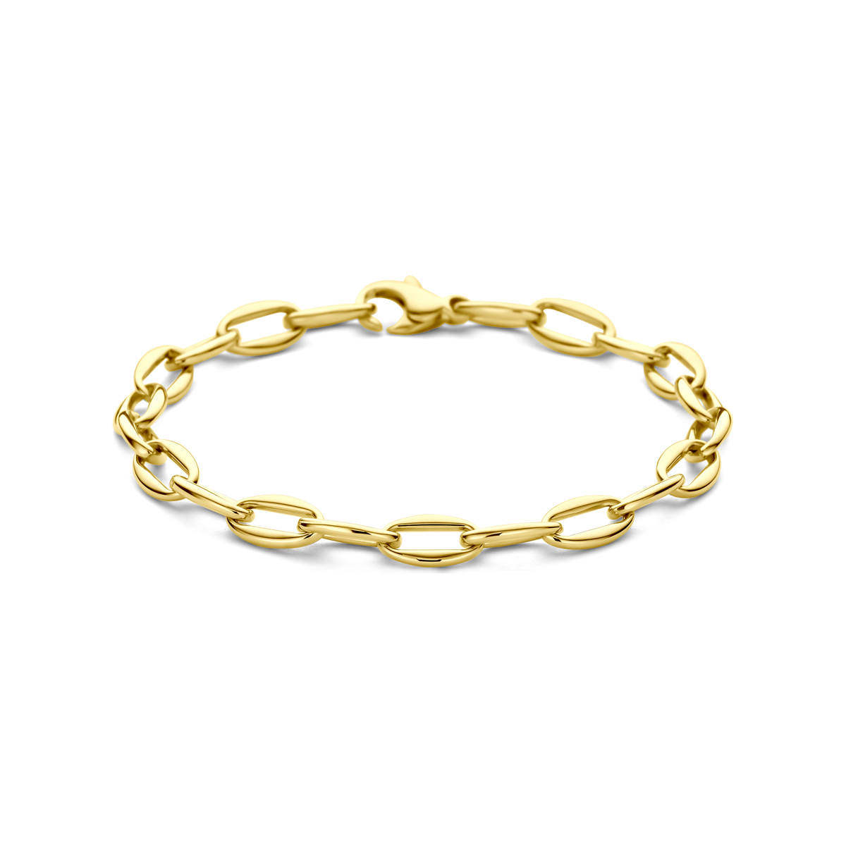 14k Geelgouden armband met een schakelbreedte van 6mm en een draaglengte van 18,5cm. Uitgevoerd met karabijnsluiting.