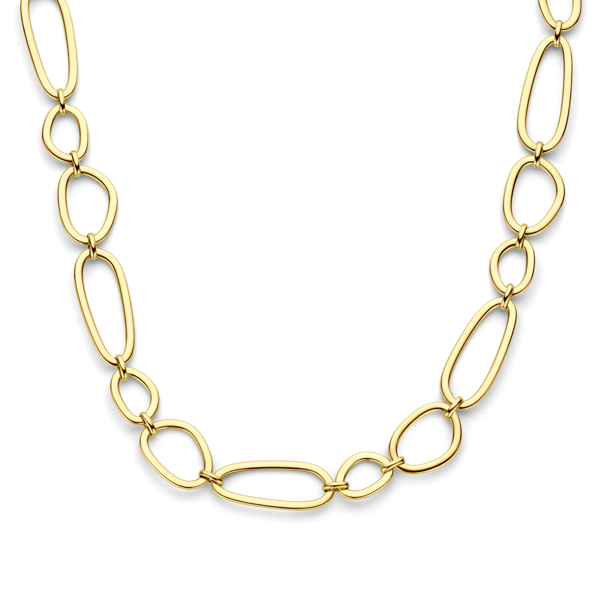 14k Geelgouden collier met een schakelbreedte van 18mm. Het collier heeft een draaglengte van 42cm met 3cm extensie en is uitgevoerd met karabijnsluiting.