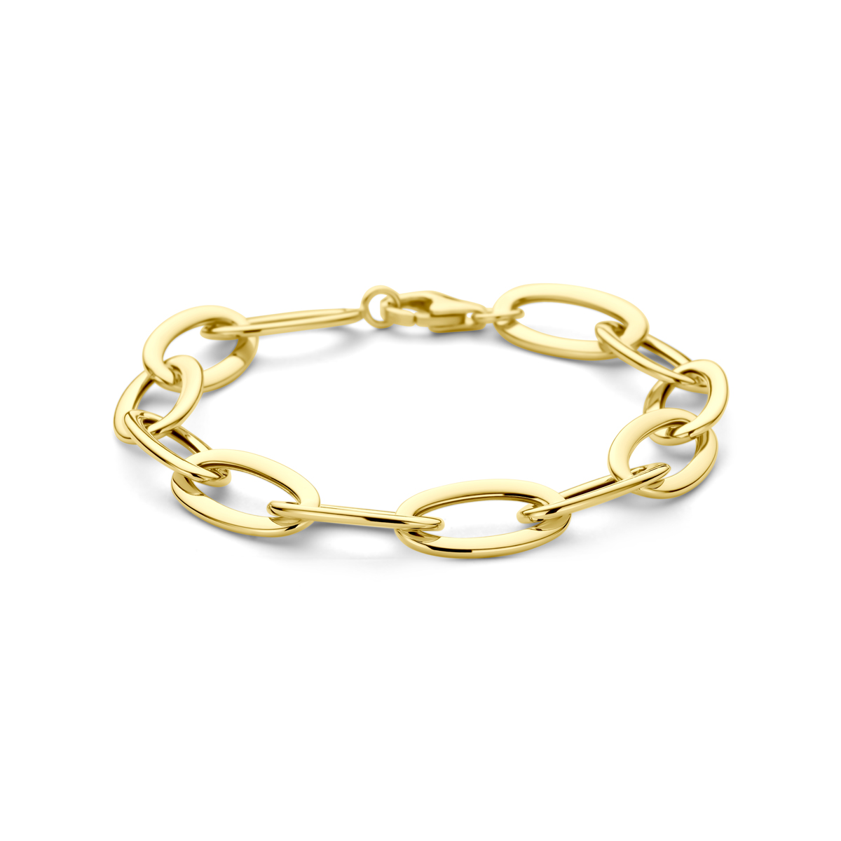 14k Geelgouden armband met een schakelbreedte van 10.5mm en een draaglengte van 19cm. Uitgevoerd met karabijnsluiting.