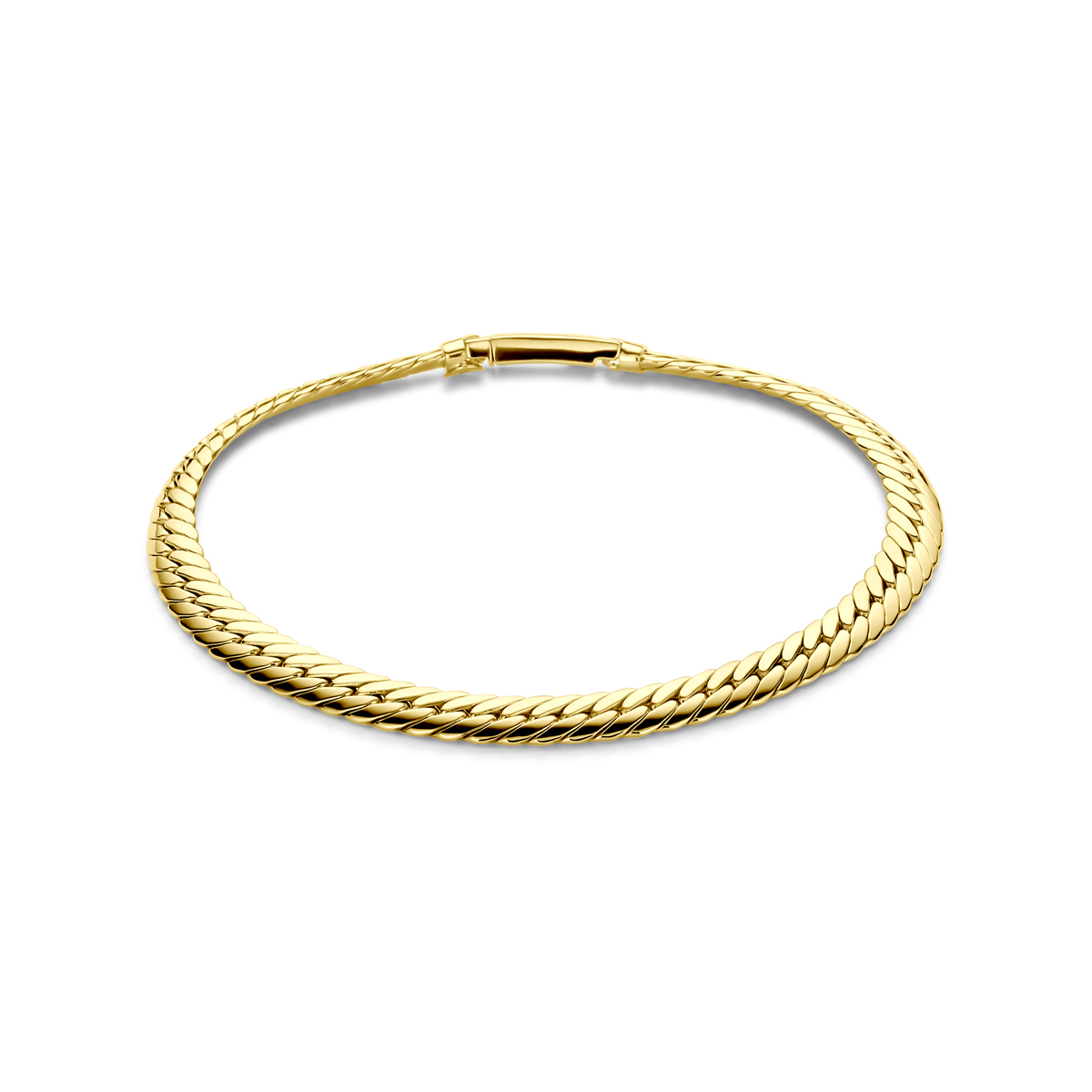 14k Geelgouden armband uitgevoerd met een gourmette schakel van 5mm. De armband heeft een draaglengte van 18cm.