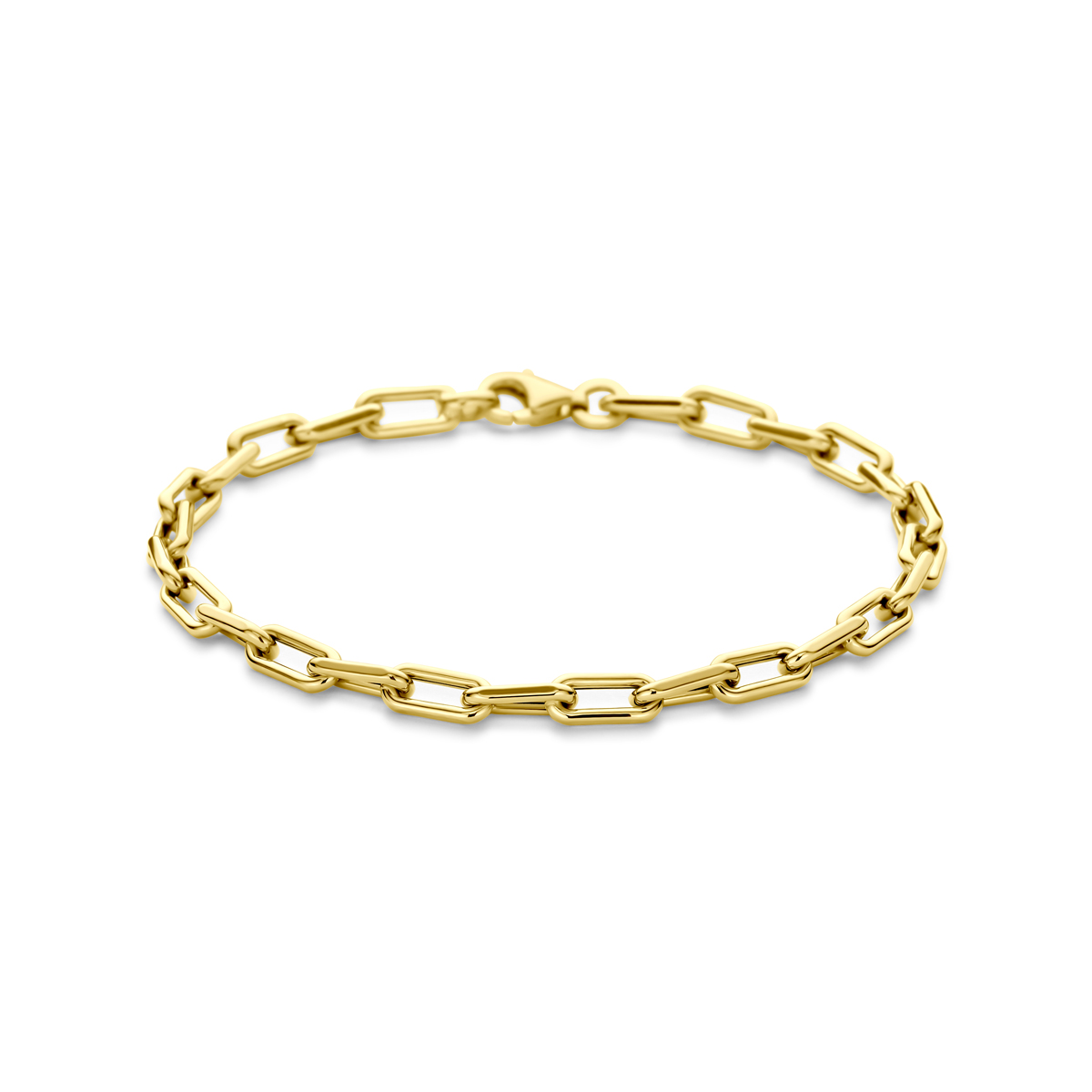 14k Geelgouden armband met een schakelbreedte van 4mm en een draaglengte van 18cm. Uitgevoerd met karabijnsluiting.