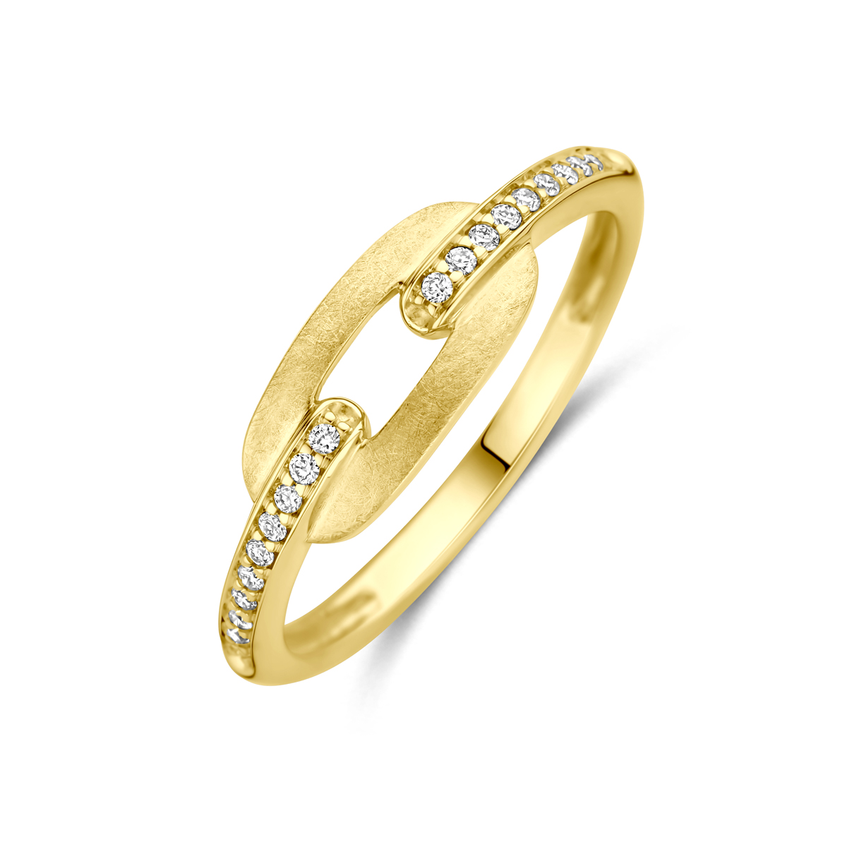 14k Geelgouden ring uitgevoerd met diamant. De ring heeft een breedte van 6mm. Het totale diamantgewicht is 0.08ct.