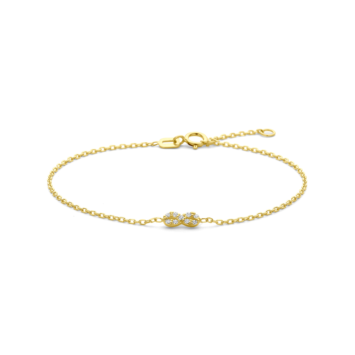14k Geelgouden armband uitgevoerd met een infinity en zirkonia. De armband heeft draaglengtes van 16-18cm.