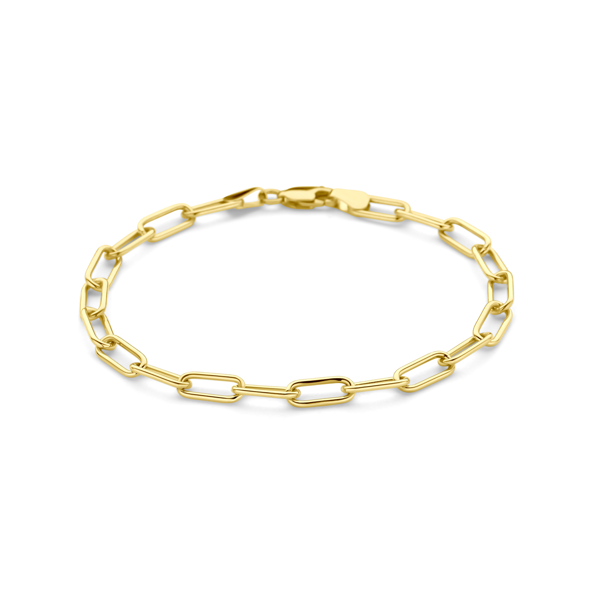 14k Geelgouden armband met een kern van 925 zilver. De armband heeft een schakelbreedte van 4,7mm en een draaglengte van 19cm. Uitgevoerd met karabijnsluiting.