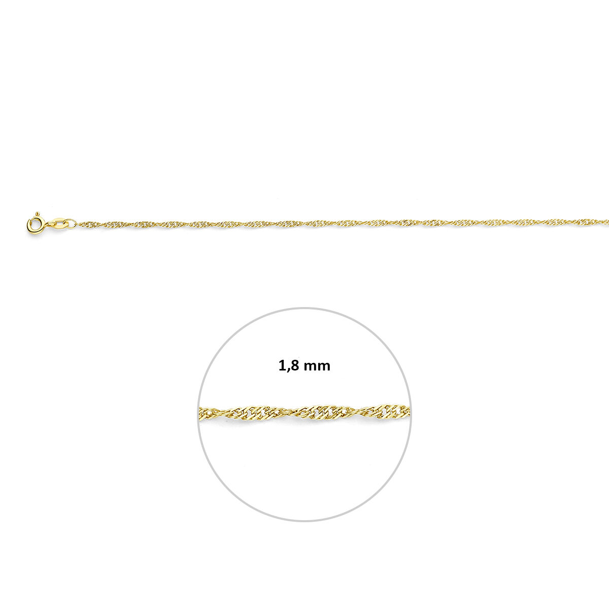 De Singapore Collier 14kt goud bevat een elegante gouden ketting met een lengte van 55 cm en een breedte van 2,30 mm. Deze goudkleurige ketting past perfect bij elke outfit voor een verfijnde look. Draag hem solo voor een subtiele uitstraling of combineer met andere sieraden voor een opvallend statement. Een tijdloze toevoeging aan uw sieradencollectie.