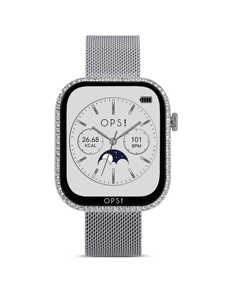 De Smartwatch Ops! - Call Pro Diamonds Multifunction 42mm zilver met kristallen (modelnummer: OPSSSW64) combineert stijl met functionaliteit. Met functies zoals oproepen, meldingen, gezondheidstools, en meer is het perfect voor dagelijks gebruik. Draag hem strak om uw pols voor optimale sensorprestaties. De zilverkleurige Milanese band voegt elegantie toe aan uw look. Ideaal voor zowel formele als informele gelegenheden.