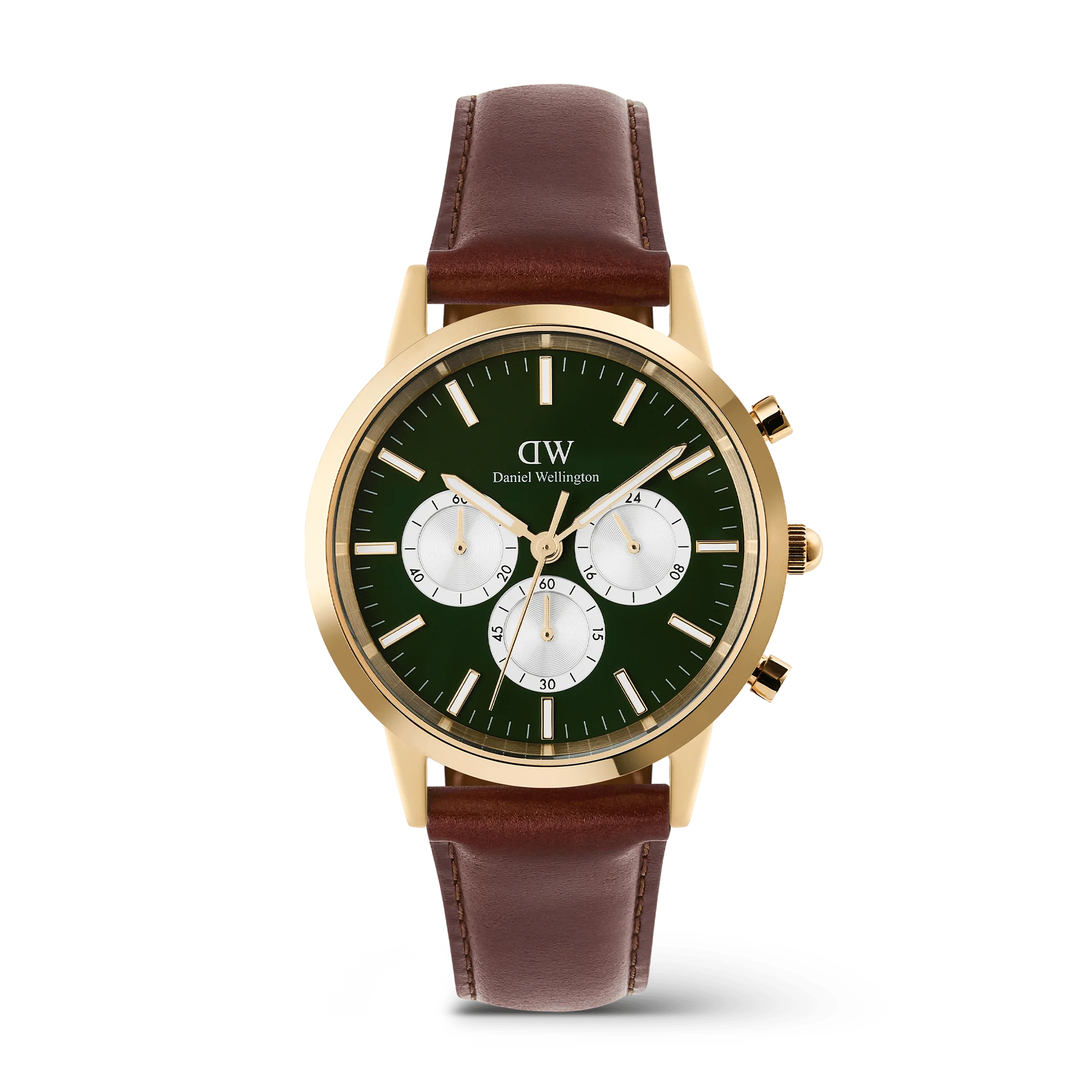 De Daniel Wellington Horloge Iconic Chronograph St Mawes Emerald Panda Gold (modelnummer DW00100876) heeft een groene wijzerplaat, een gouden roestvrijstalen kast, en een bruine echte leren band van 20mm. Met een grootte van 42mm, een dikte van 8mm, en waterbestendig tot 5 ATM, biedt het een quartz uurwerk zonder datumfunctie. Draag stijlvol bij formele en informele gelegenheden.