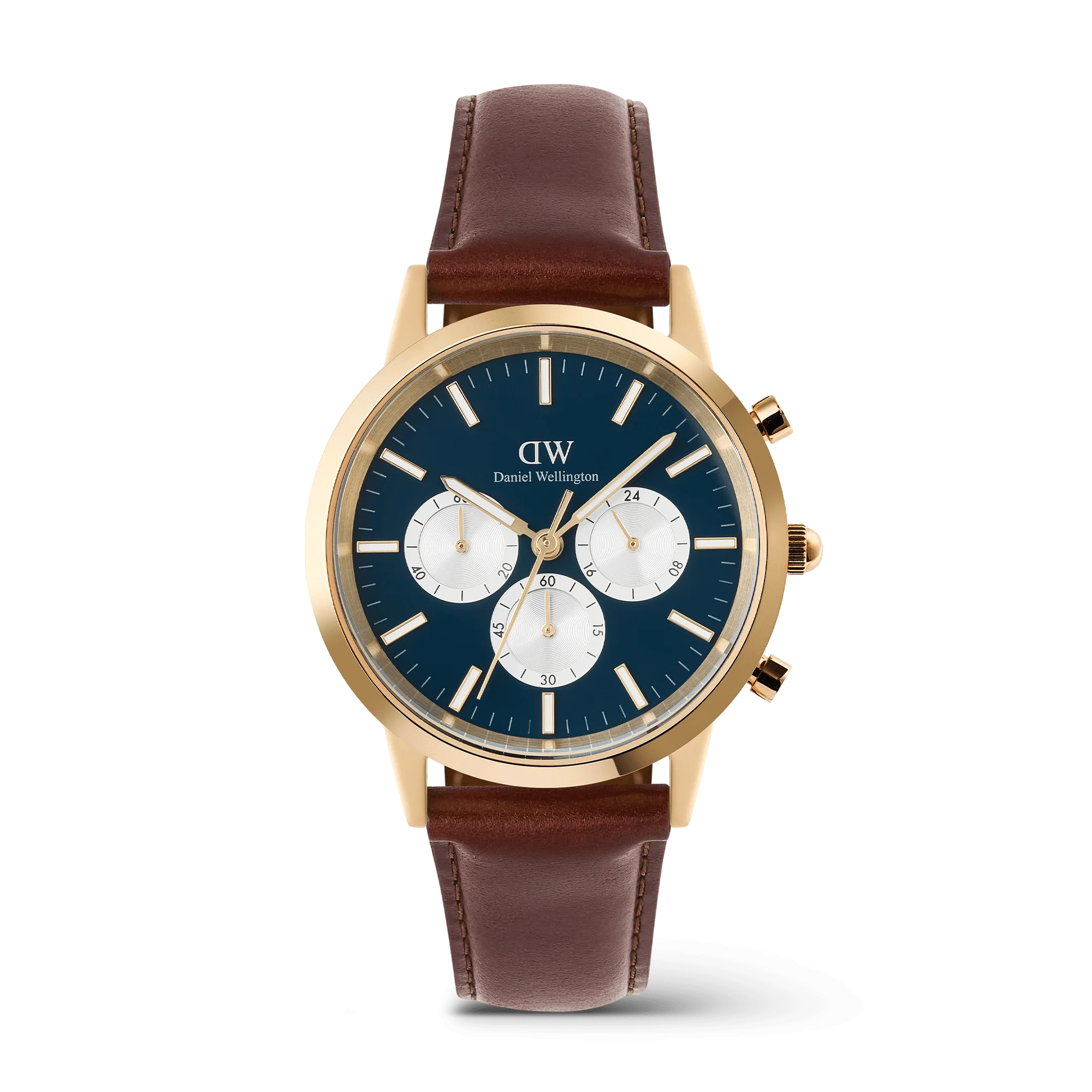 De Daniel Wellington Horloge Iconic Chronograph St Mawes Arctic Panda Gold, modelnummer DW00100875, heeft een blauwe wijzerplaat, bruine leren band en een goudkleurige roestvrijstalen kast van 42 mm. Met zijn minimalistische analoge ontwerp en quartz uurwerk straalt het elegantie uit. Perfect voor zowel formele als casual gelegenheden, deze horloge complementeert elke stijl zonder datumfunctie of verlichting.