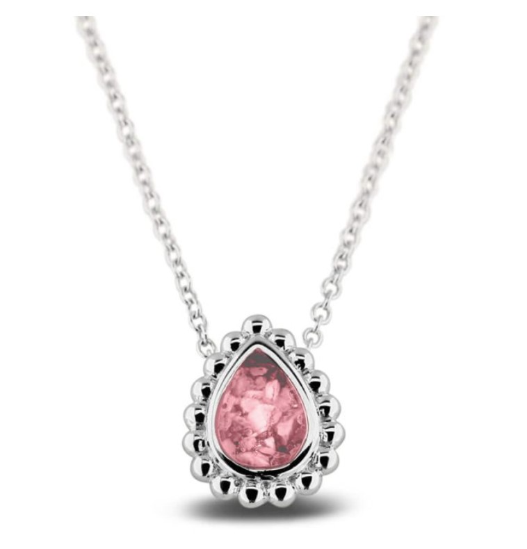 Traan hanger met parelrand, inclusief collier. Dit sieraad wordt zichtbaar aan de voorkant gevuld met onze speciale hars