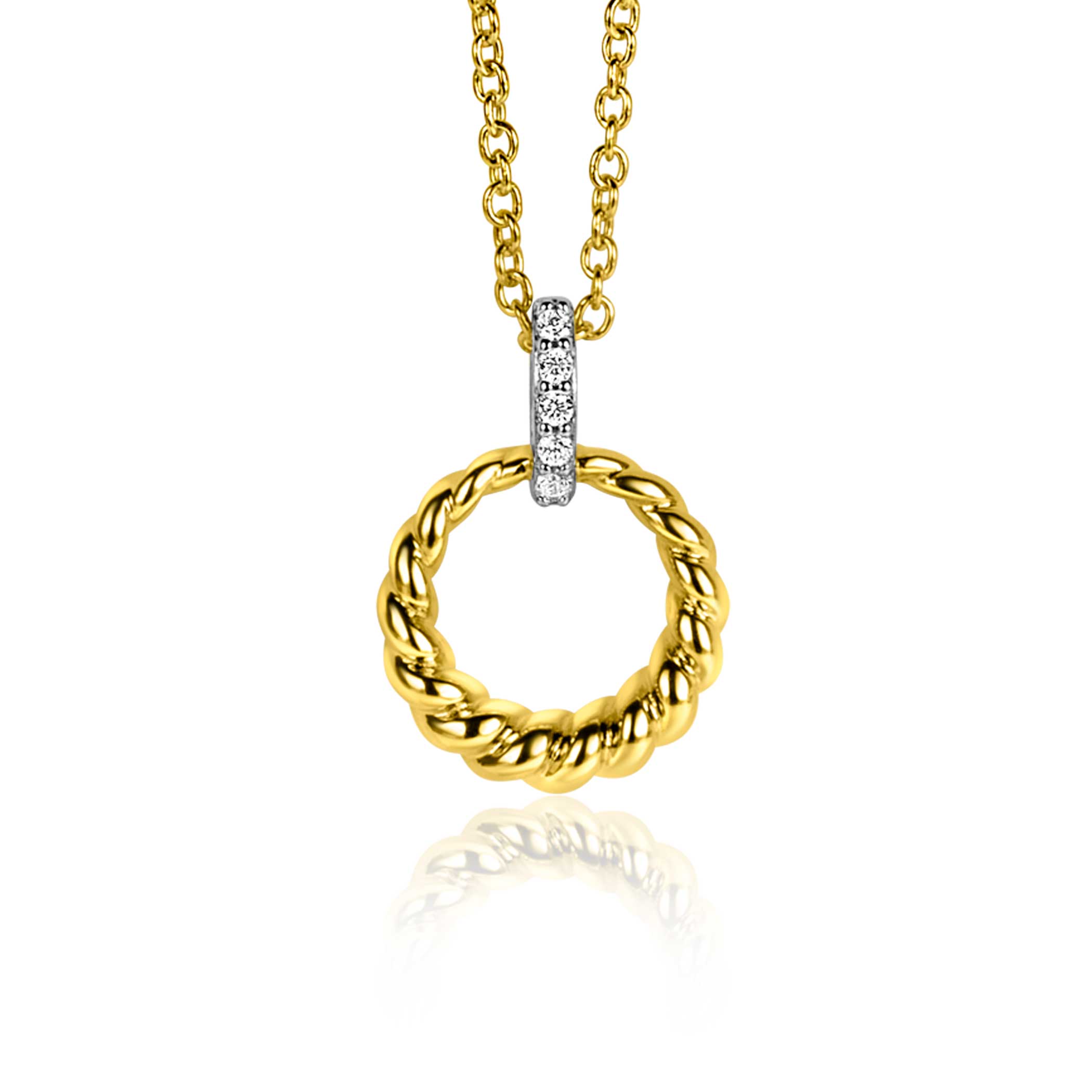 zilveren hanger verguld rond met zirconia's op hangoog