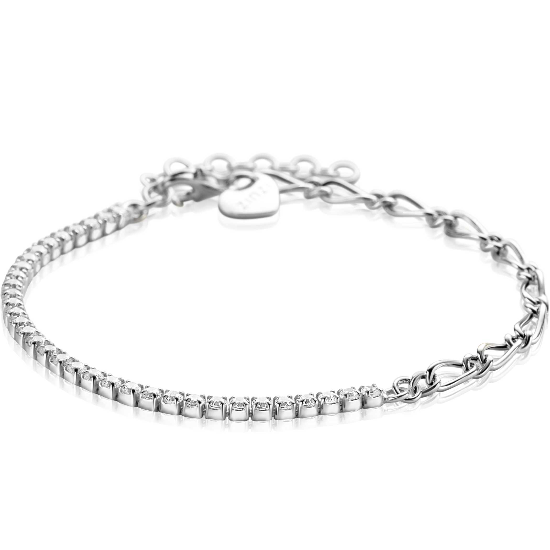 ZINZI zilveren fantasie schakel armband waarbij de ene helft bezet is met witte zirconia's. De schakels zijn 2,3mm breed. De lengte van de armband is te vari&euml;ren tussen 17cm en 20cm. De armband is vervaardigd van eerste gehalte zilver (925) en voorzien van een extra rodium laag voor een witgouden uitstraling.