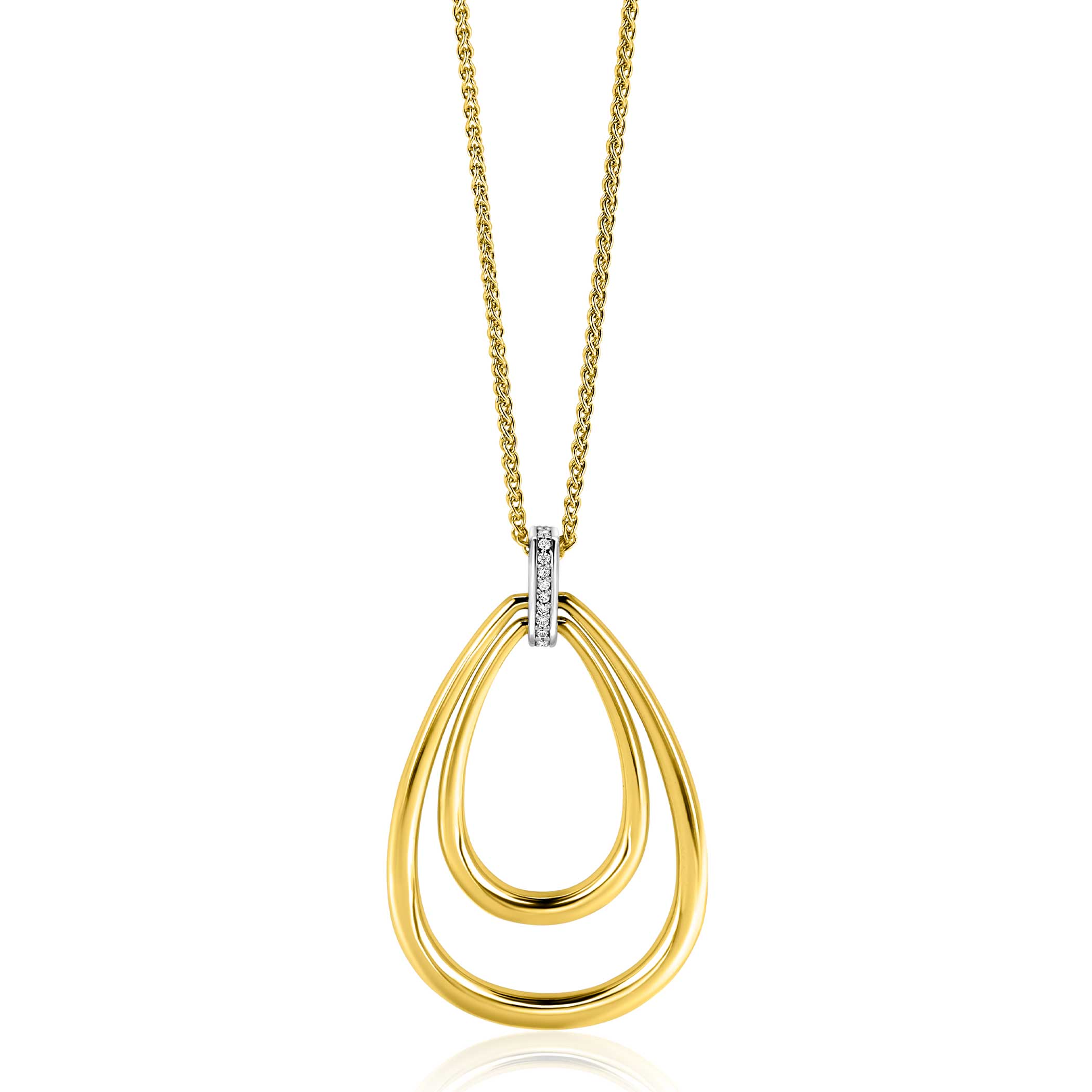 ZINZI gold plated zilveren palmier ketting 70cm met trendy grote ovale hanger van 45mm, waarbij het luxe oog is bezet met witte zirconia's. Deze ketting hangt stijlvol lang om de hals. Vervaardigd van eerste gehalte zilver (925) en extra geel verguld. Draag de hanger samen met de bijpassende oorsieraden.