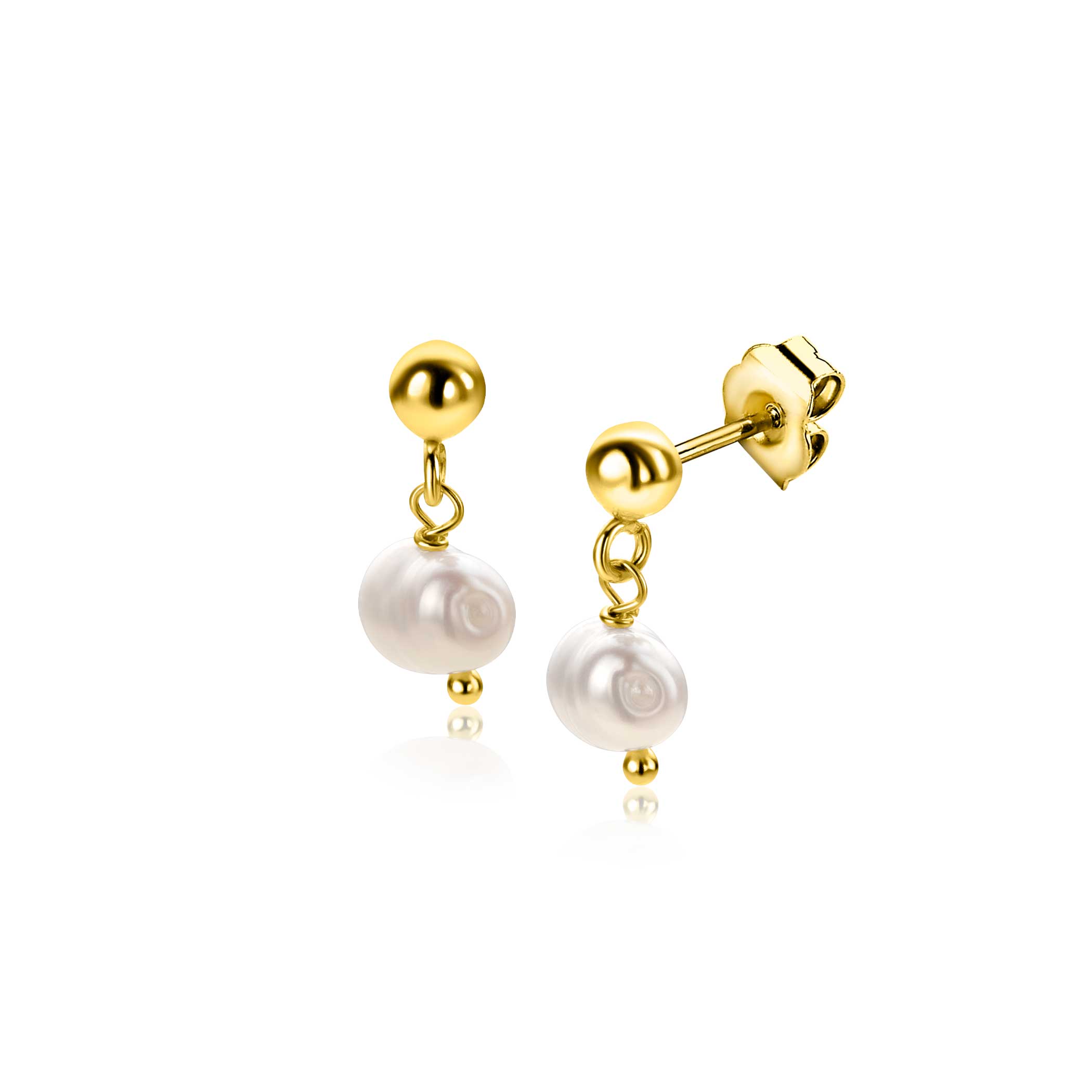 ZINZI gold plated zilveren oorstekers 15mm met bungelend witte zoetwaterparel in organische vorm. Vervaardigd van eerste gehalte zilver (925) en extra geel verguld.