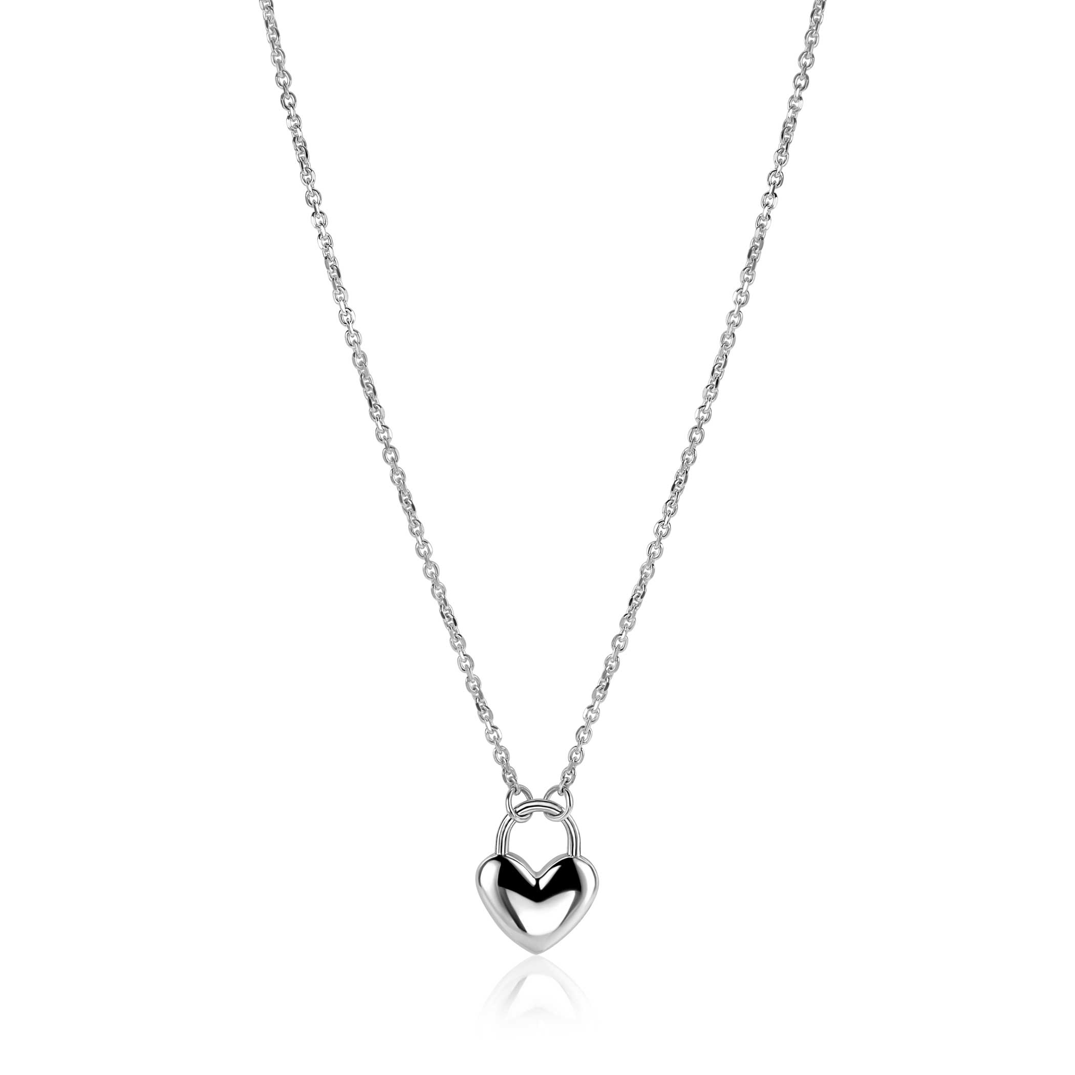 ZINZI zilveren schakelketting met een hartvormige slot hanger in het midden. Het gladde hart is 18mm breed. Maak je look helemaal compleet met de bijpassende armband. De lengte van de ketting is te variëren tussen de 42 cm en 45 cm. De ketting is vervaardigd van eerste gehalte zilver (925) en voorzien van een extra rodiumlaag voor een langdurige glans.