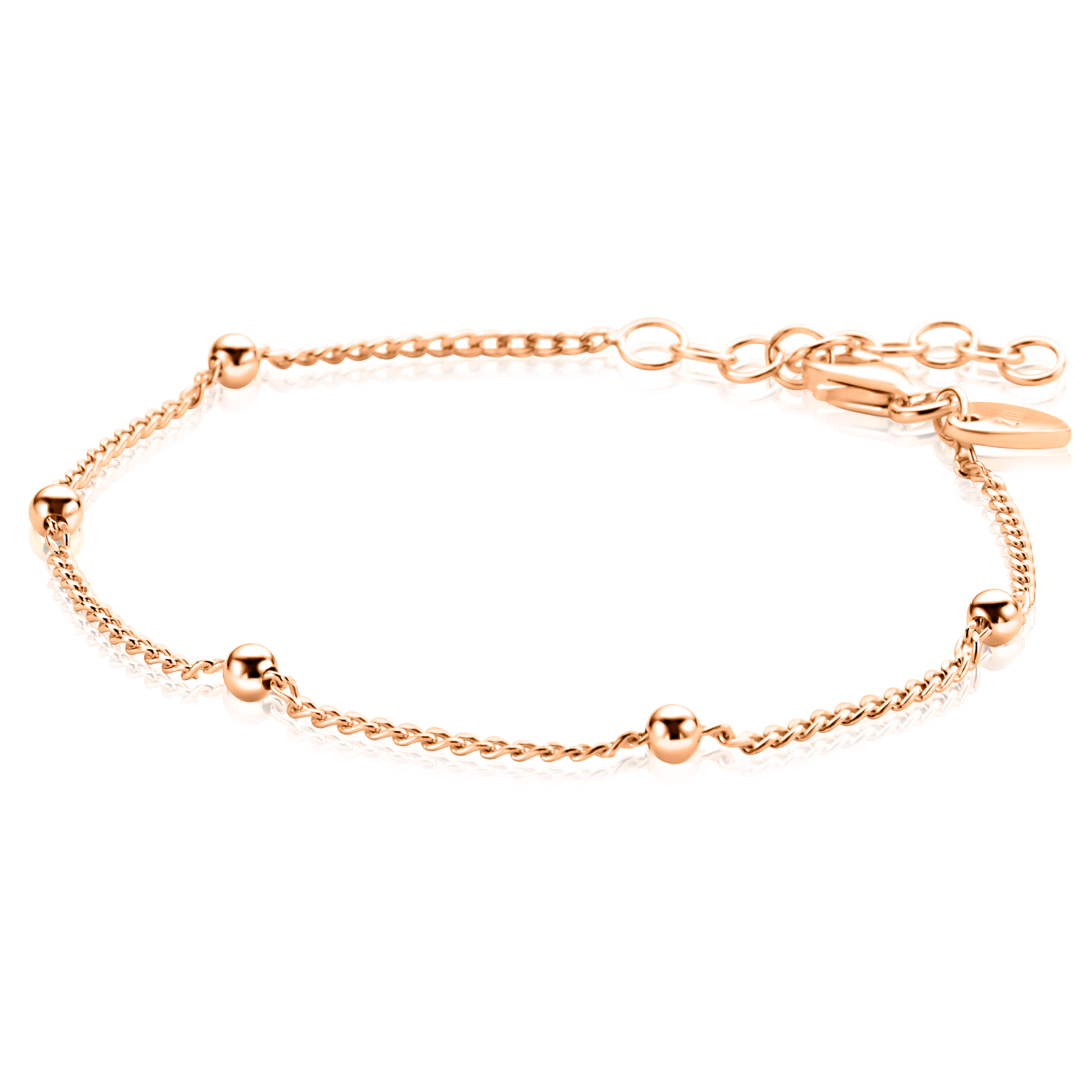 ZINZI ros&eacute; plated zilveren gourmet schakelarmband met vijf glanzende bolletjes (3mm breed) ZIA2714R