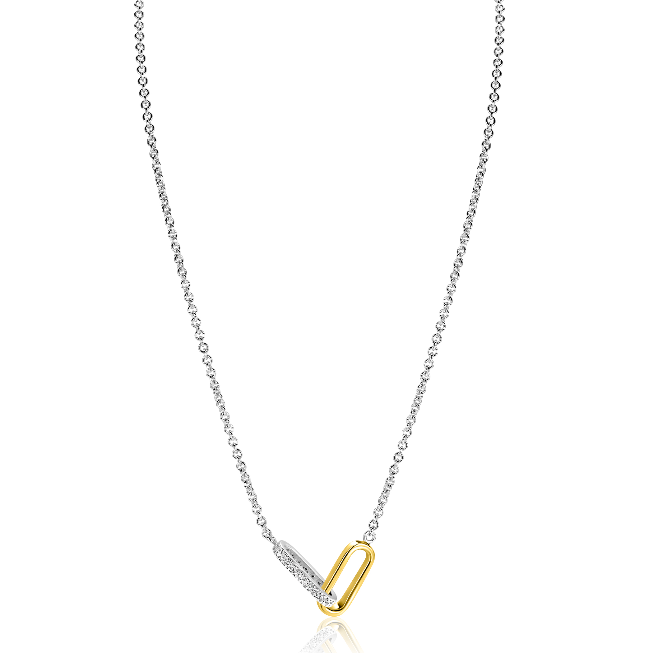 ZINZI zilveren schakelketting met twee mooi verbonden ovale schakels: een gladde ovaal in gold plated en een ovaal bezet met witte zirkonia's. De lengte is te vari&euml;ren tussen 42 en 45cm. De ketting is vervaardigd van eerste gehalte zilver (925) en voorzien van een extra rodiumlaag voor een langdurige glans.