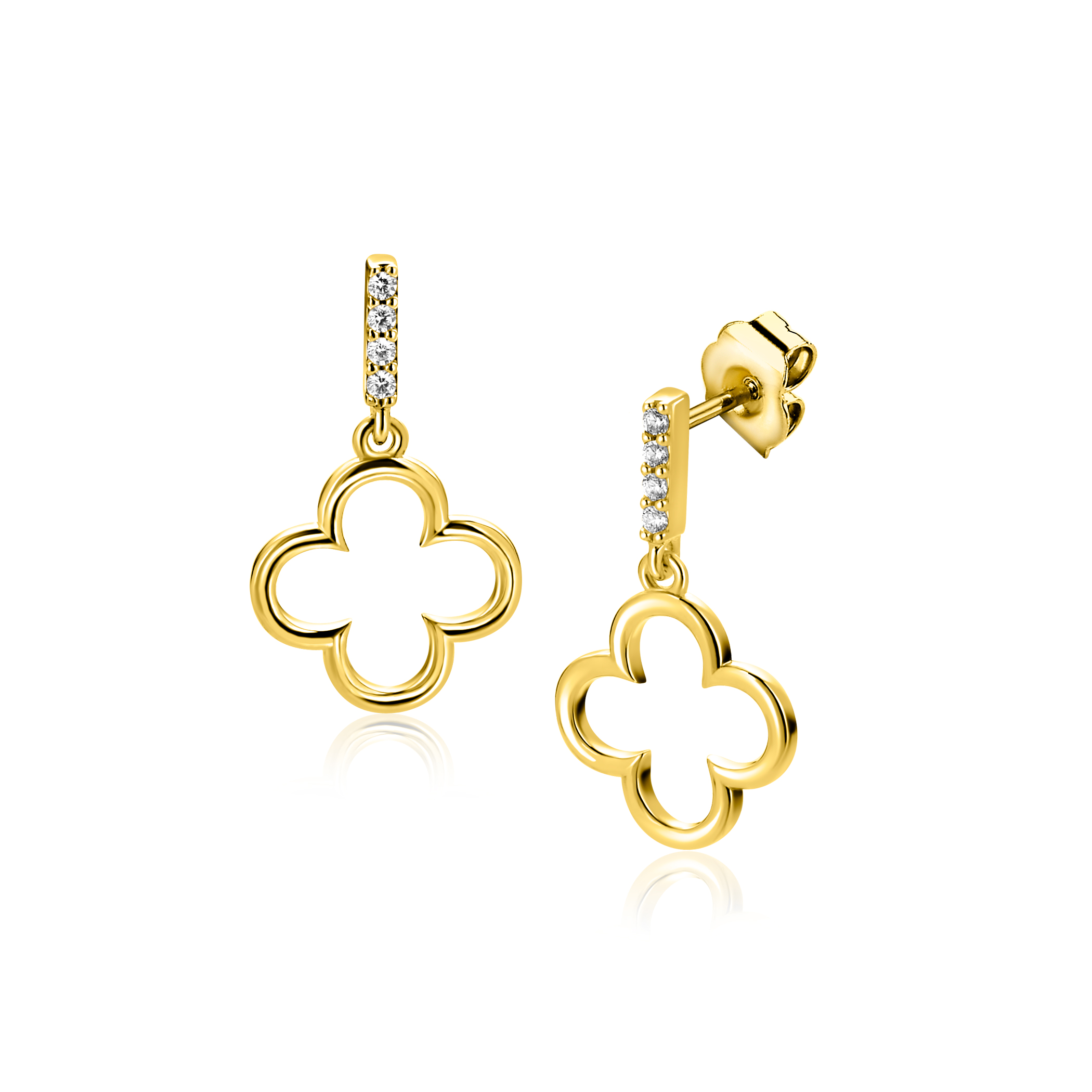 ZINZI gold plated zilveren oorstekers open klaver (20mm). Vervaardigd van eerste gehalte zilver (925) en extra geel verguld.