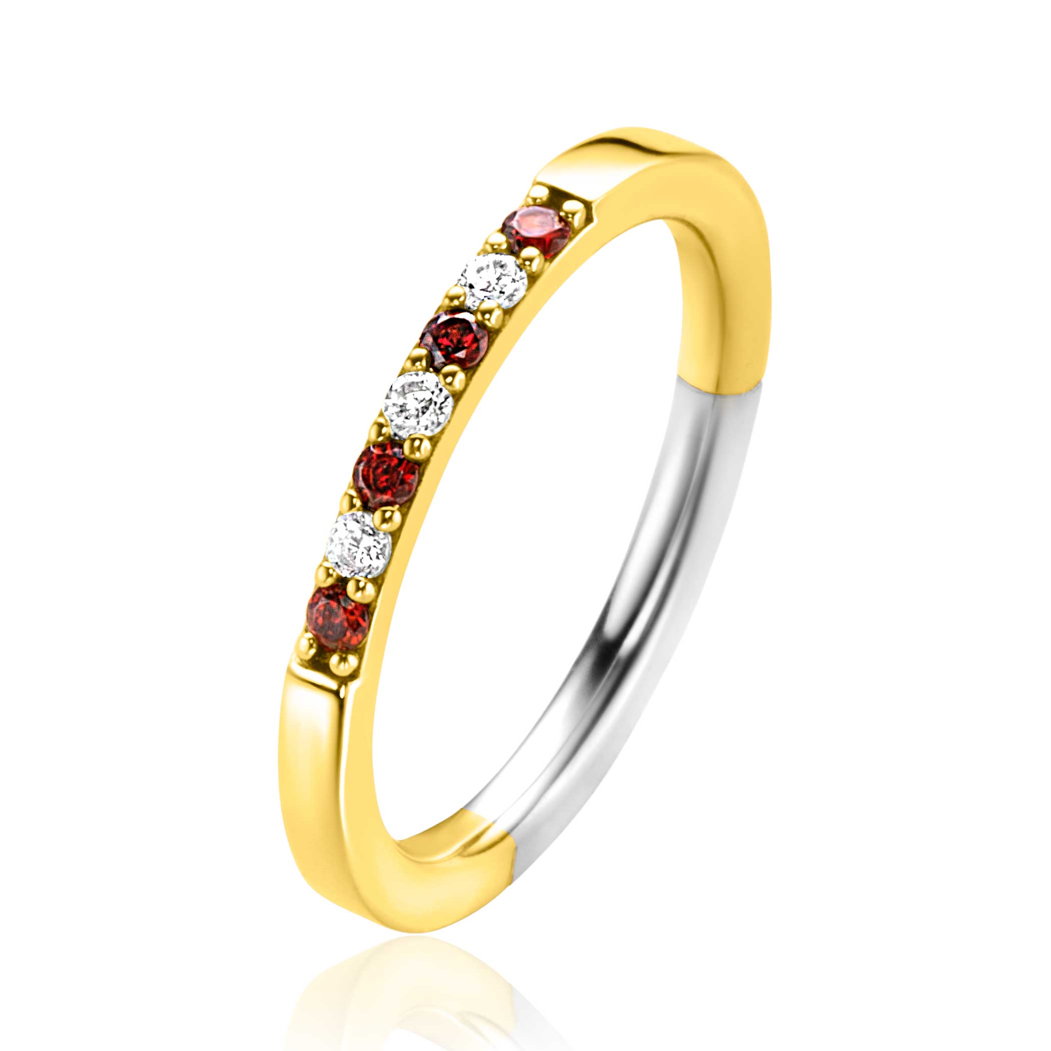 ZINZI gold plated zilveren aanschuifring met rood granaat kleurstenen en witte zirconia's, sierlijk gezet in een chaton zetting. Deze ring is 2mm breed. Dit tijdloze model is verkrijgbaar in verschillende kleuren. Ideaal om af te wisselen of mee te combineren met je andere Zinzi aanschuifringen. Mix & match. Vervaardigd van eerste gehalte zilver (925) en voorzien van een extra geel vergulding.