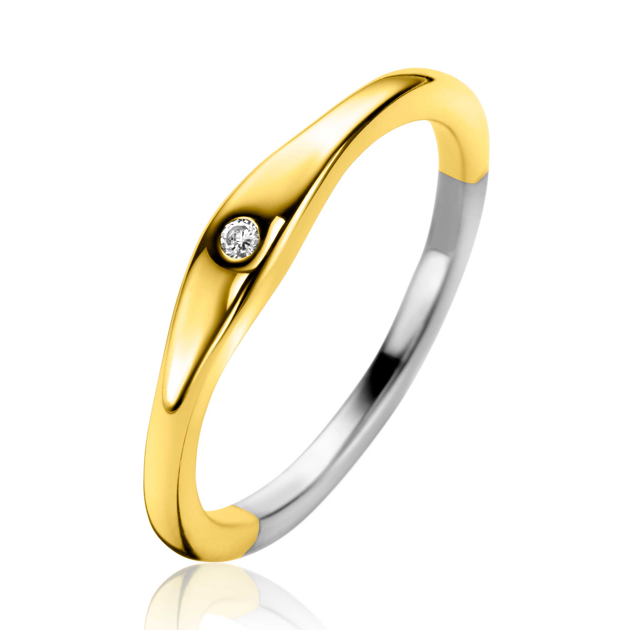 Zinzi gold plated zilveren ring organisch gevormd 3,5mm breed bezet met witte zirconia. Maat 56