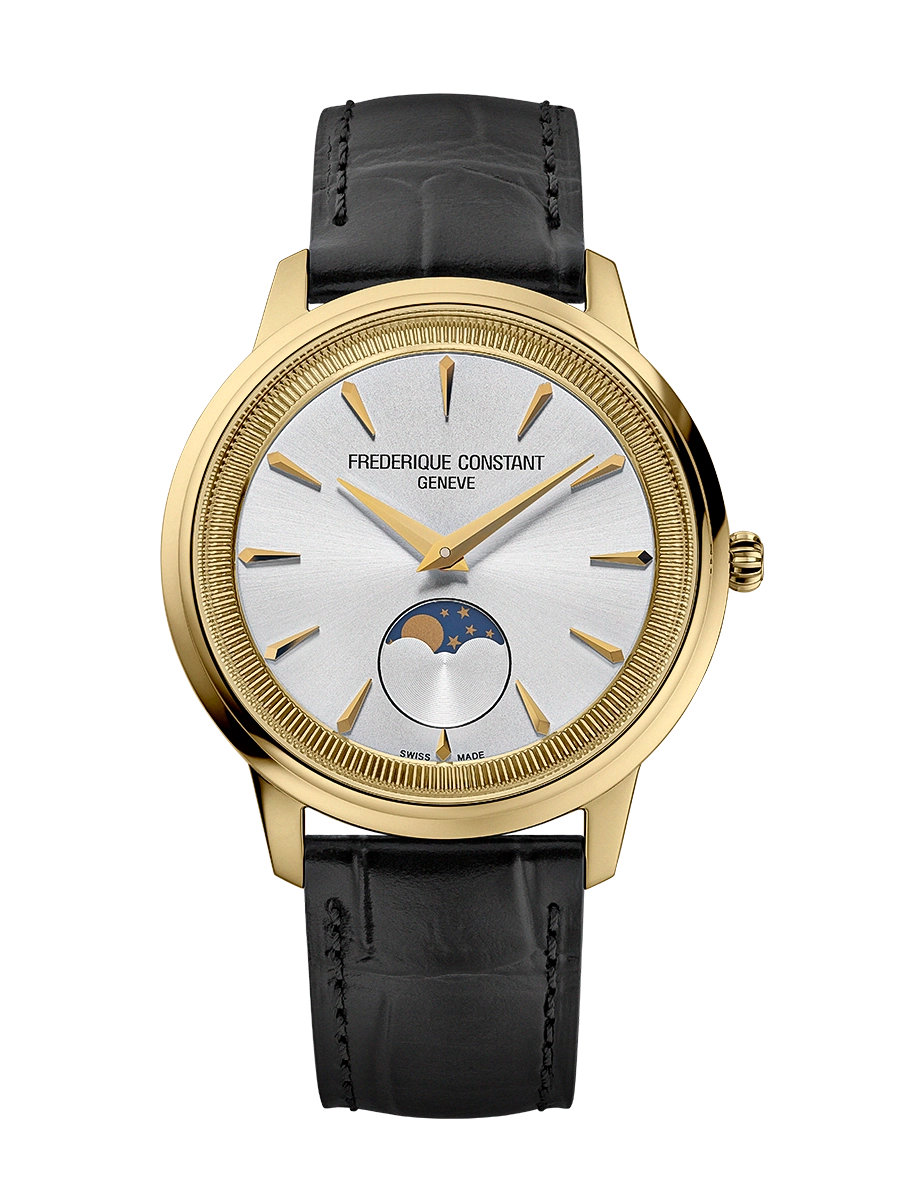 Moneta Maanfase FC-206S3S5.
De Classics Moneta Moonphase onderscheidt zich door zijn quartz-uurwerk en elegante kast van 37 mm. Hij heeft een verfijnde maanfase op 6 uur en de naam is geïnspireerd op de rand van een munt, die subtiel is terug te vinden op de binnenring.