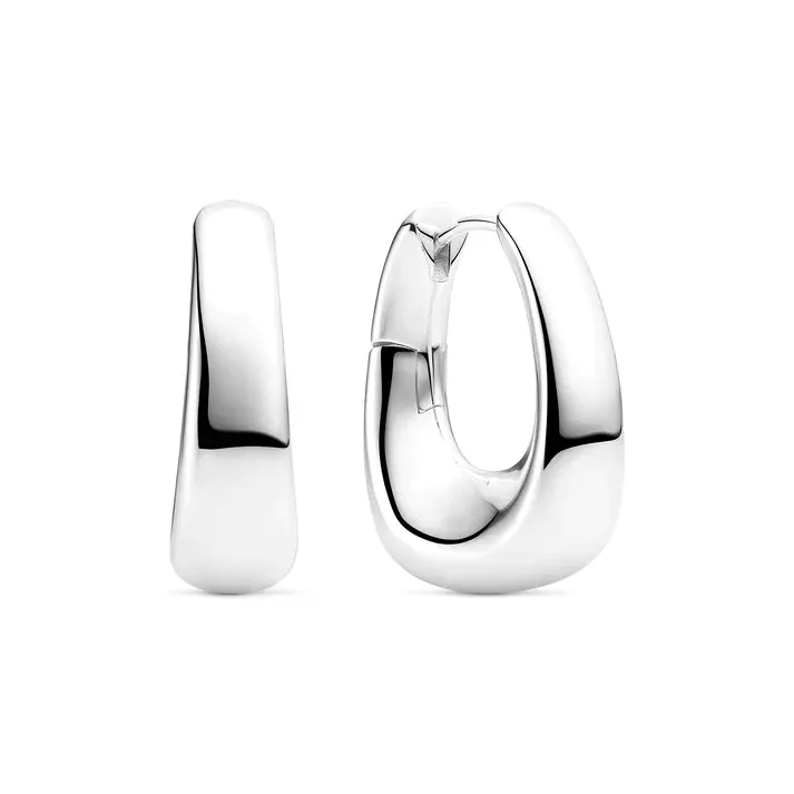 Oorbellen gemaakt van gerhodineerd 925 sterlingzilver en een gepolijst oppervlak.

Afmetingen oorbellen: lengte 23 mm, breedte 19 mm