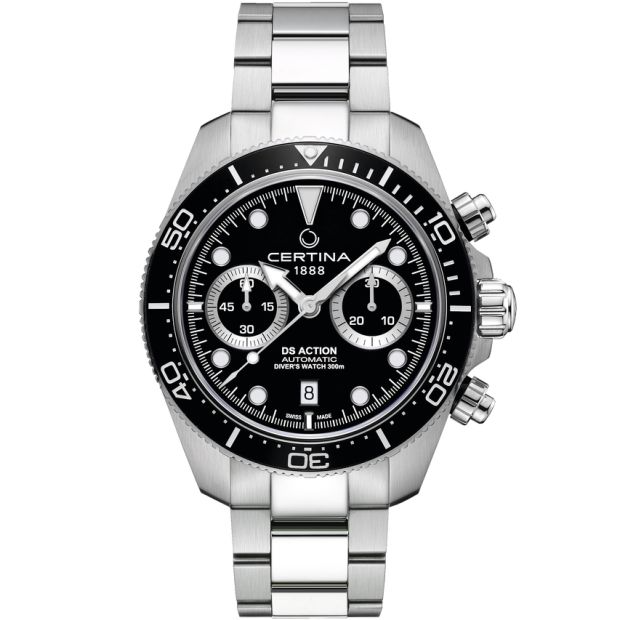 De Certina DS Action Diver Chrono (modelnummer C0328271105100) is een Zwitsers automatisch polshorloge met een roestvrijstalen kast en band, analoge tijdsaanduiding, en Superluminova wijzerplaat. Dit horloge is waterdicht tot 300 meter en nikkelvrij. Draag dit stijlvolle en allergievrije horloge bij zowel formele als informele gelegenheden voor een tijdloze uitstraling.