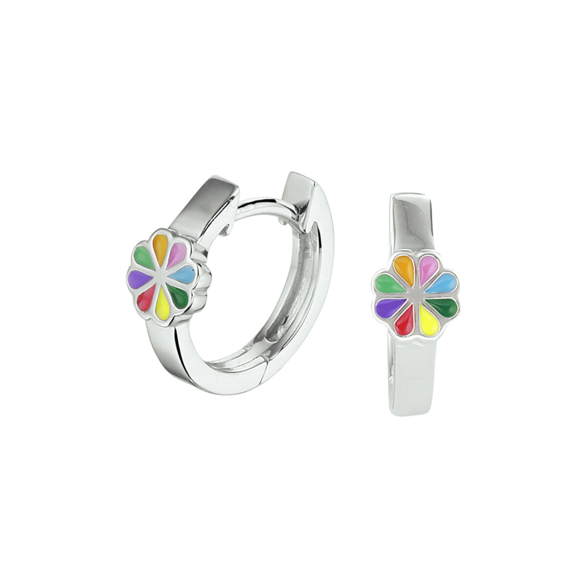 Schattige gerhodineerd zilveren oorringen met scharnier uitgevoerd met een bloem in verschillende kleuren emaille. De oorringen hebben een diameter van 12.5mm.
