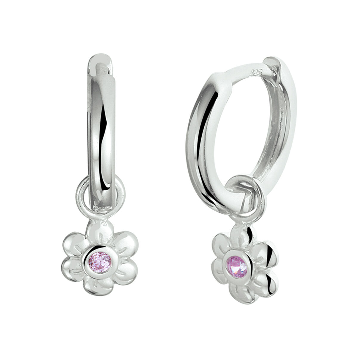 Zilver oorringen bloem roze zirkonia 12x2,0mm 
Gerhodineerd 925 zilveren oorringen uitgevoerd met een bloem en een schitterende roze zirkonia. De totale afmeting van de oorringen is 12x2mm. De afmeting van de hanger is 10x5.5mm.