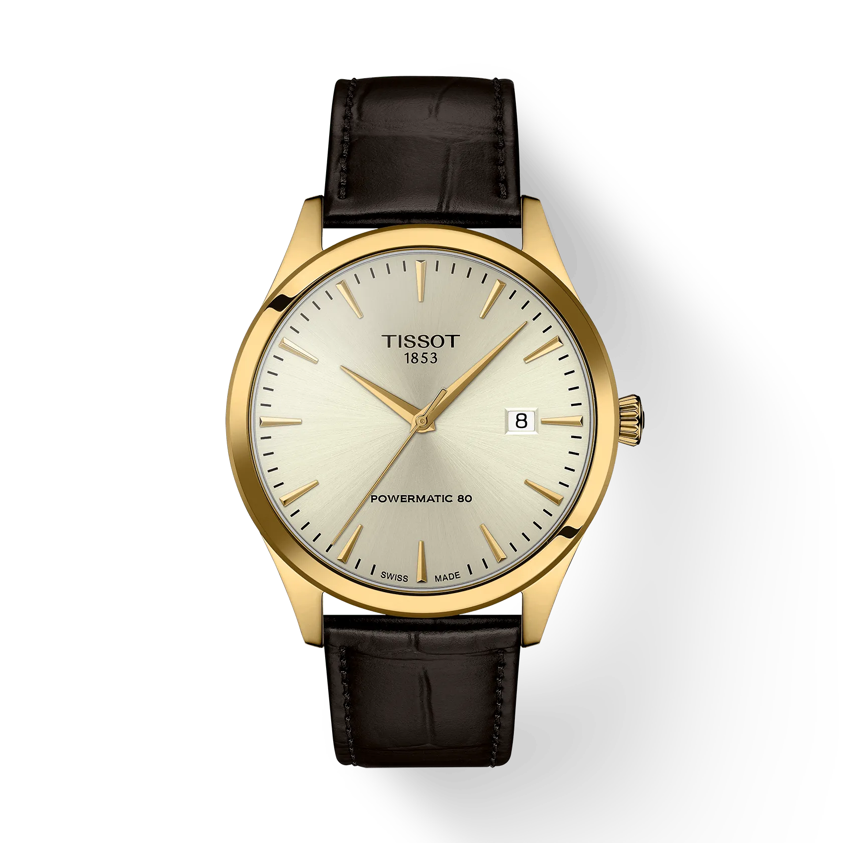 Dit product, modelnummer T1584073626100, is een elegant herenhorloge met een bruine leren band, ronde goudkleurige metalen kast en crèmekleurige wijzerplaat van saffierglas. Het horloge heeft een analoge weergave, automatische Zwitserse beweging en is waterbestendig tot niveau 5. Perfect voor zowel formele als casual gelegenheden. Draag het met vertrouwen dankzij de antiallergische en nikkelvrije eigenschappen.