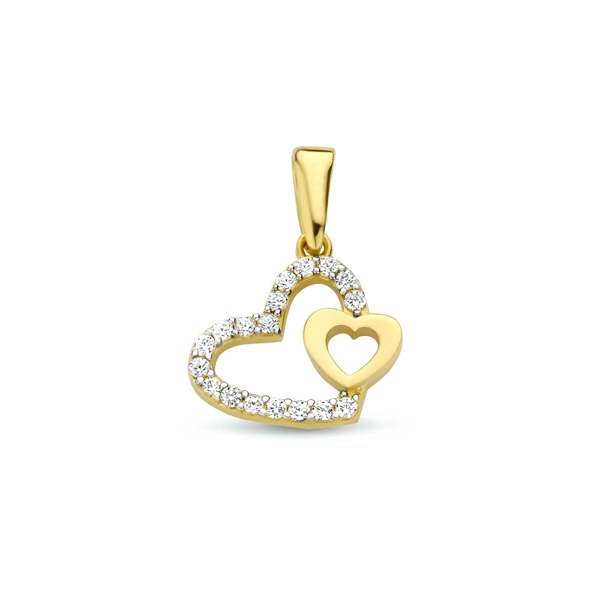 Gouden hanger 2 hartjes 1hart is bezet met zirkonia rij en een klein hart geelgoud