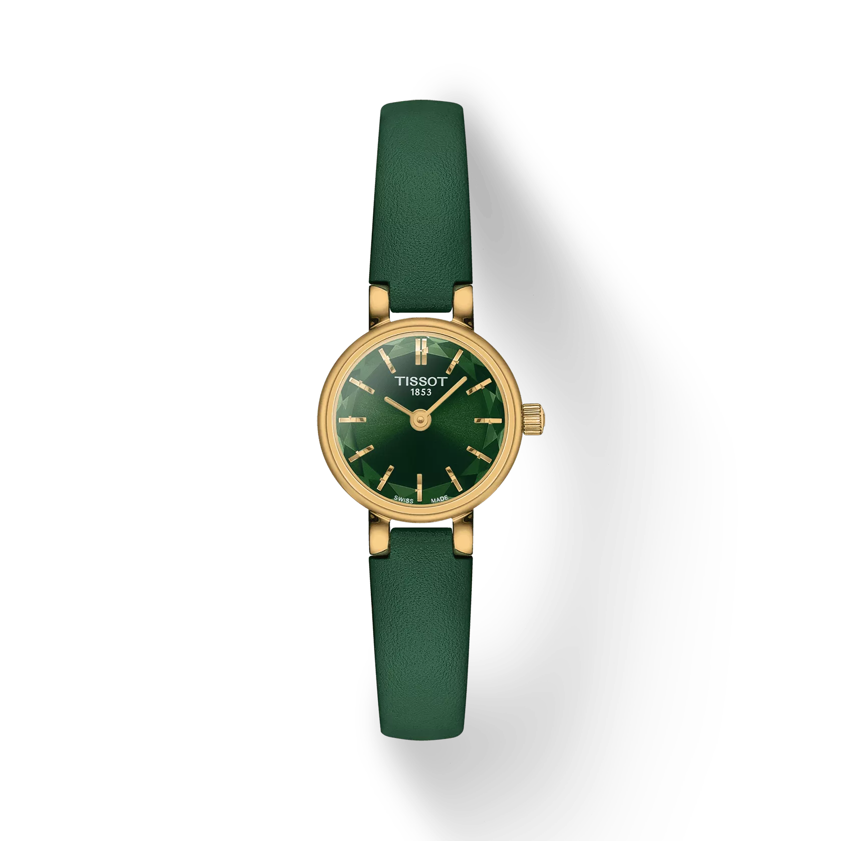 een dames polshorloge Tissot model Lovely Round met groene wijzerplaat en band.